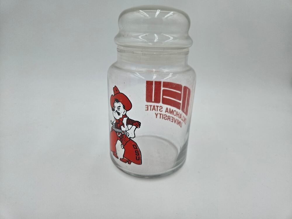 Oklahoma State Glass Candy Jar OSU Mascot Vintage Style Storage